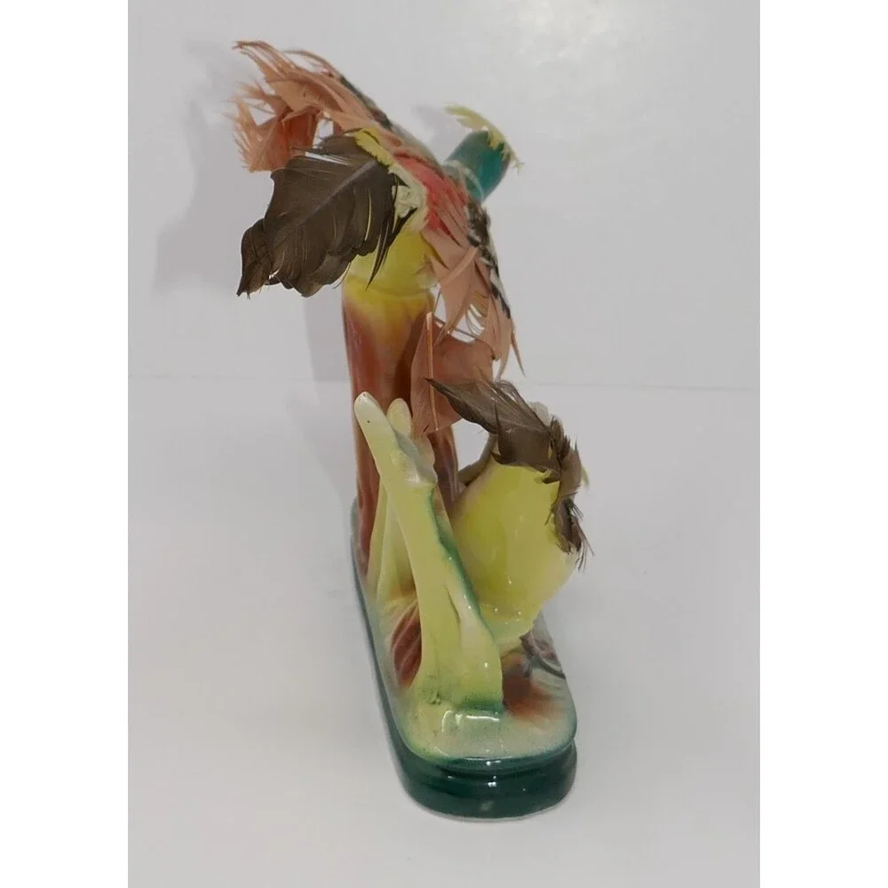 MCM Mid Century Vintage Porcelain Birds with Real Feathers Figurine Japan
